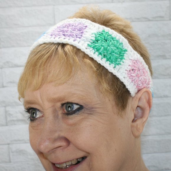 Hand Crafted Accessories - HAND CRAFTED Headband Crochet Head Scarf Boho Pastel Granny Square Retro
